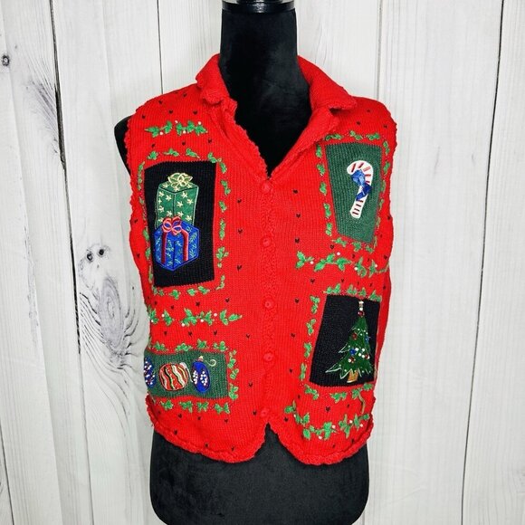 Designers Originals Studio Red Christmas Vest Petite Large PL Collared Vintage - Picture 1 of 10